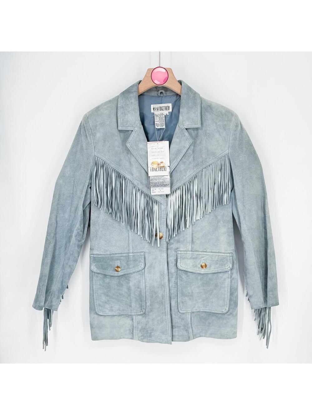 Vintage Together Leather Fringe Jacket Blue Western Boho Festival Womens Medium